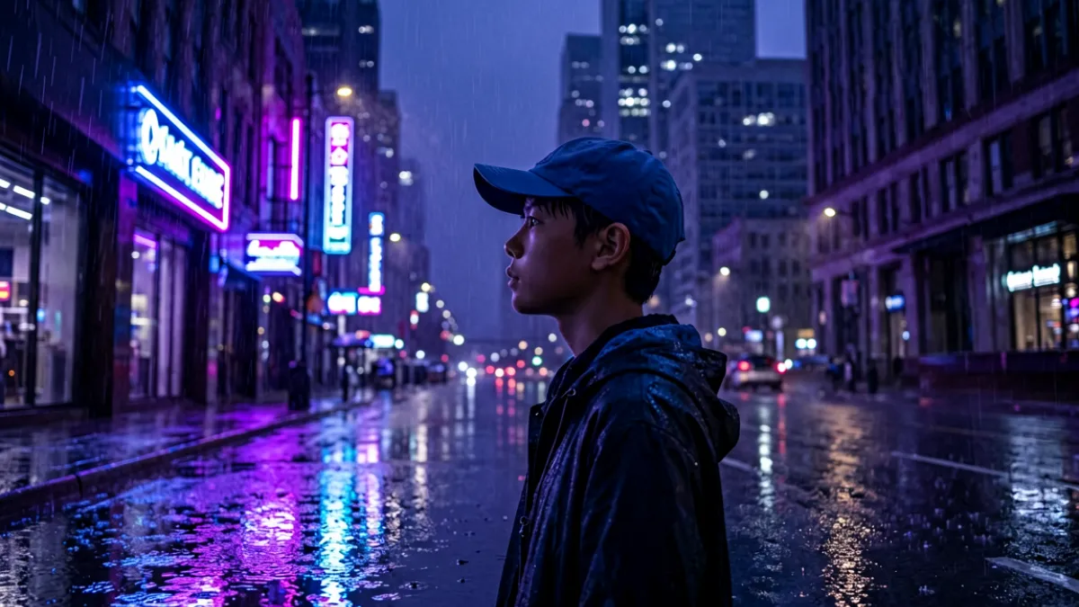 雨夜都市街景，霓虹灯倒影在水洼中闪烁，一名戴鸭舌帽的少年侧脸望向远处高楼