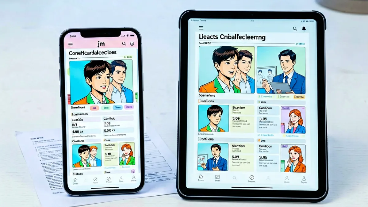 多屏设备旁整齐摆放的手机与平板电脑，屏幕上展示着jm comic不同客户端的界面布局，桌面上有一张功能对比纸，环境灯光柔和偏冷色调