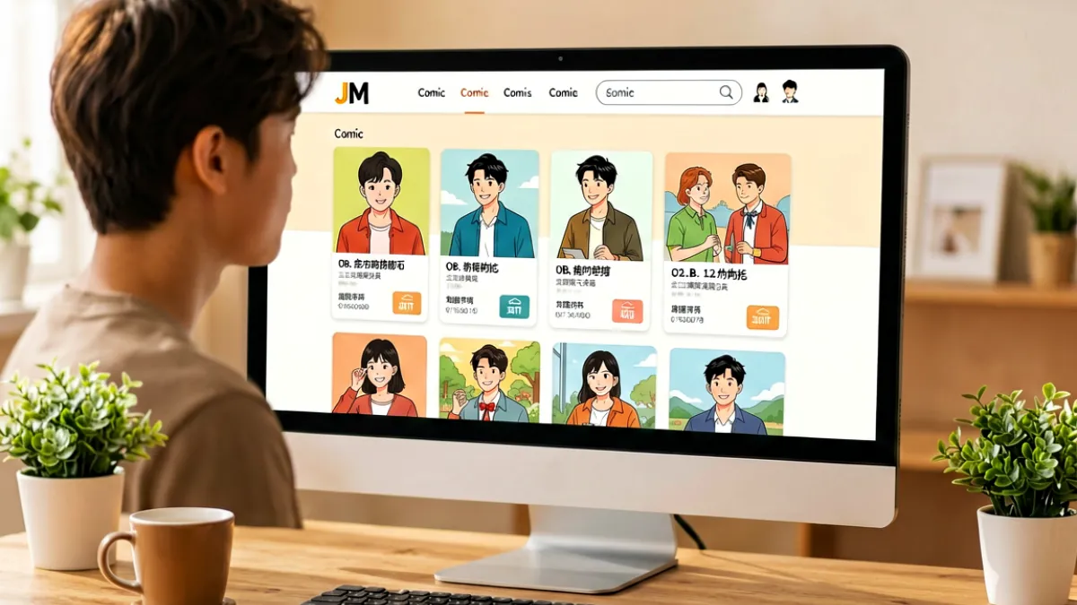 一位用户坐在电脑屏幕前，屏幕上显示JM Comic首页界面，可以看到顶部导航栏和作品推荐卡片区域
