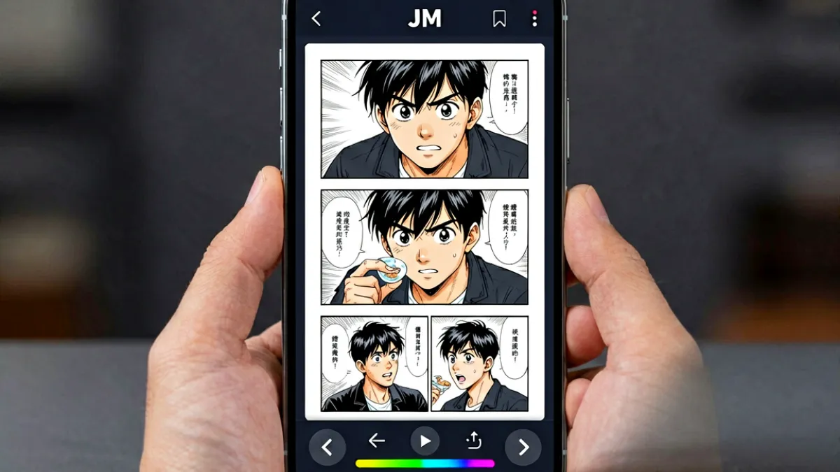 手机屏幕上显示JM Comic作品的阅读界面，可见翻页按钮和阅读进度指示条，背景为深色护眼模式