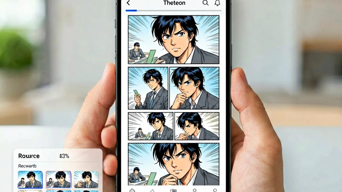 jm comic手机端阅读界面：全屏翻页模式显示一页漫画分镜，左下角有目录缩略图，右上角显示阅读进度百分比